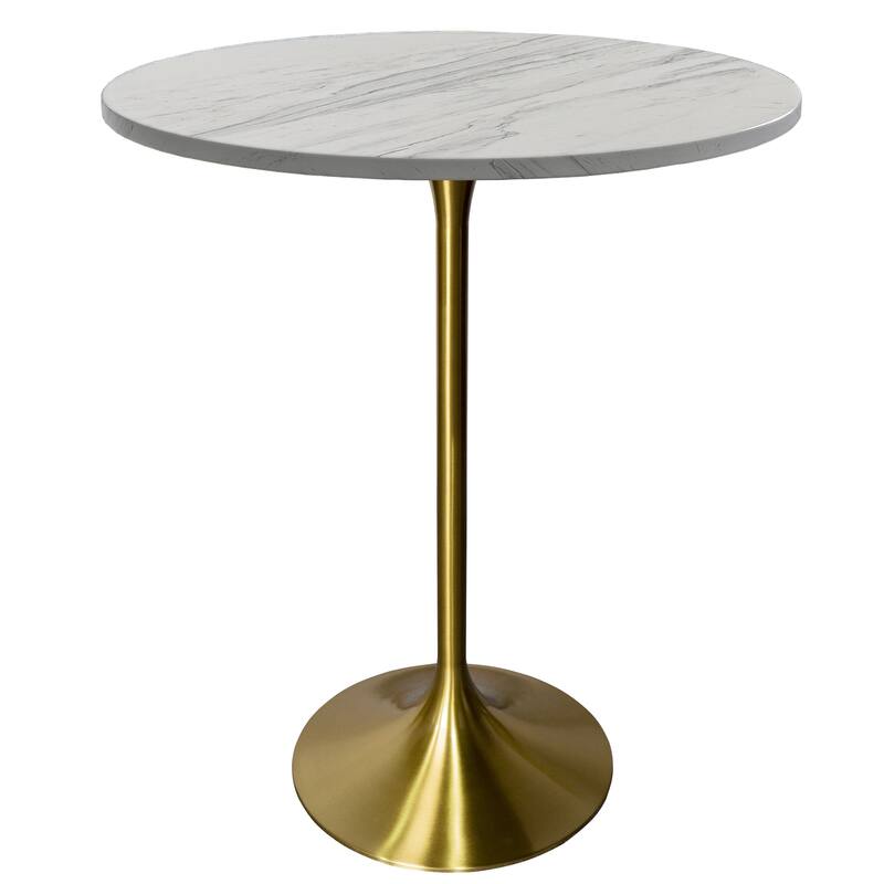 LeisureMod Verve Round Bar Dining Table with White Resin TableTop and Gold Steel Base for Kitchen & Dining Room