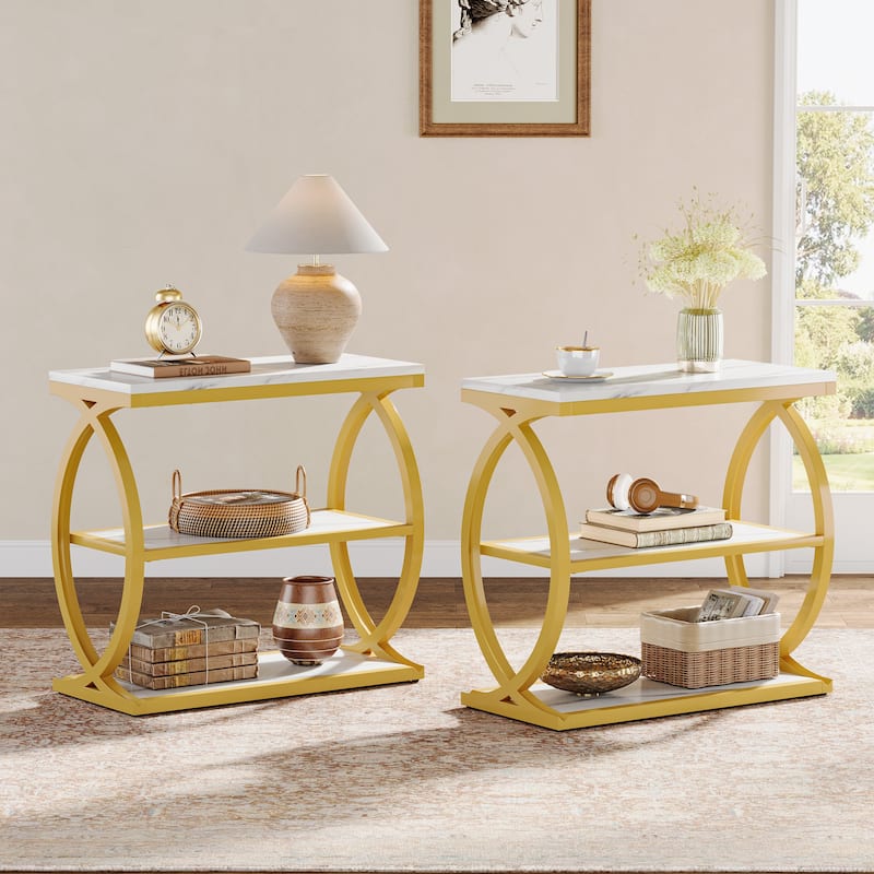 Small 3-Tier End Table for Living Room, Industrial Wooden Side Table with Metal Frame, Rustic Brown - 2Pack-White Gold