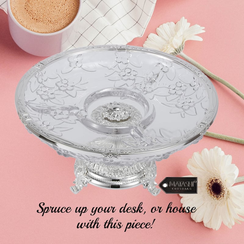 Matashi Crystal 3 Sectional Centerpiece Decorative Bowl, Round Serving Platter with Silver Plated Pedestal Base, for Weddings