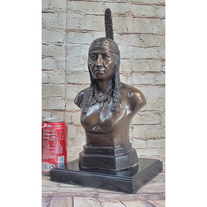 Bronze Bust Native American Indian W/ Braided Hair Statue On Marble Base 12 Inches X 7 Inches
