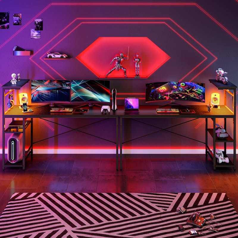 61" Gaming Desk Computer Desk with LED Lights Storage Shelves and Side