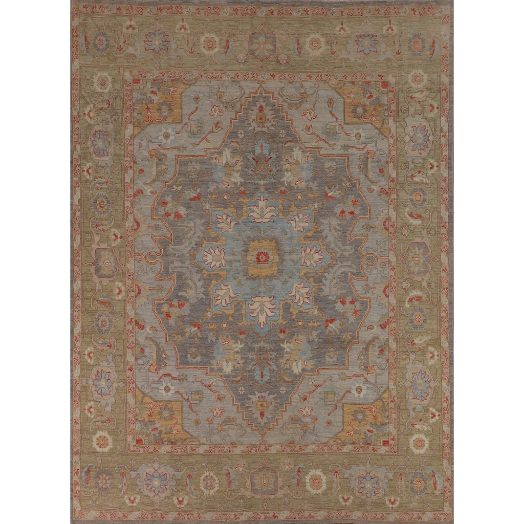 Oushak Turkish Area Rug Vegetable Dye Hand-Knotted Grey Wool Carpet - 8'1"x 9'9"