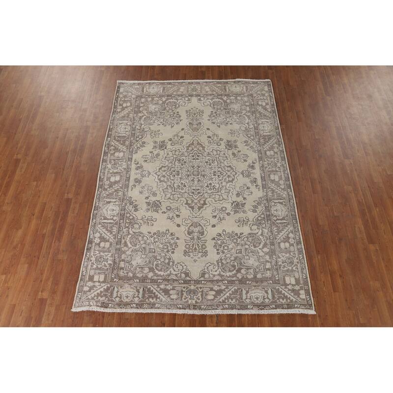 Distressed Tabriz Vintage Persian Rug Hand-Knotted Blue Wool Carpet - 6'7" x 9'6"