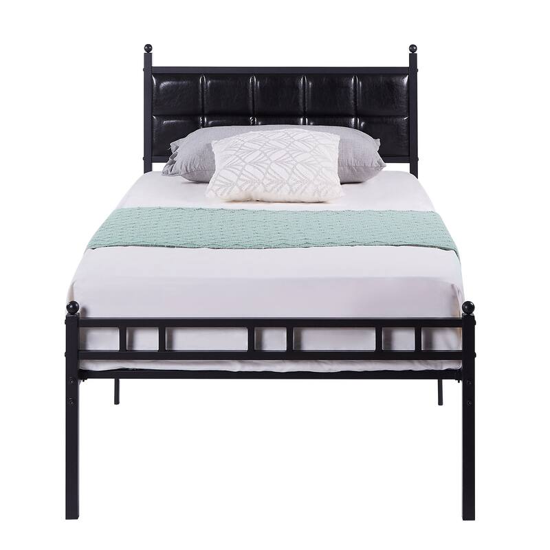Javlergo Metal Platform Bed Frame with Faux Leather Headboard, Twin/Full/Queen, No Box Spring Needed