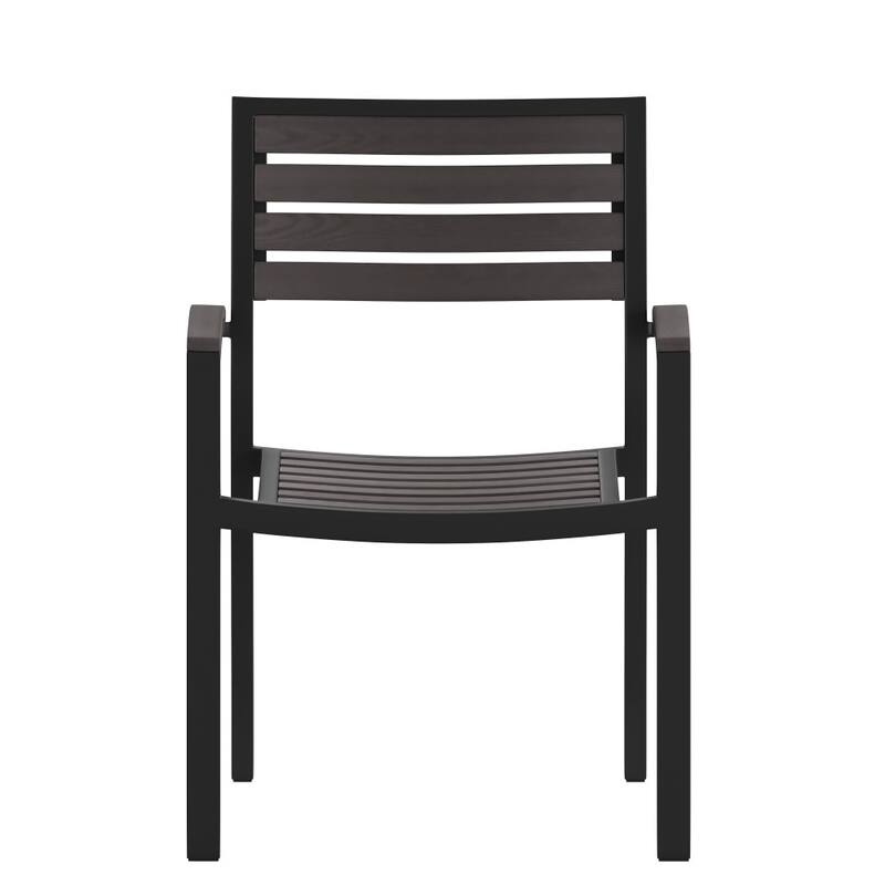 Set of 2 Stackable All-Weather Aluminum Patio Chairs with Faux Teak Slats