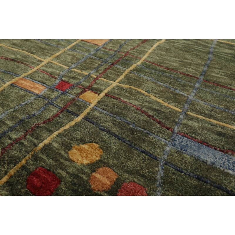 Tibetan Modern Plush Pile Designer 4'2''x5'10'' Hand Knotted Wool Green Rug - 4' 2'' x 5' 10''