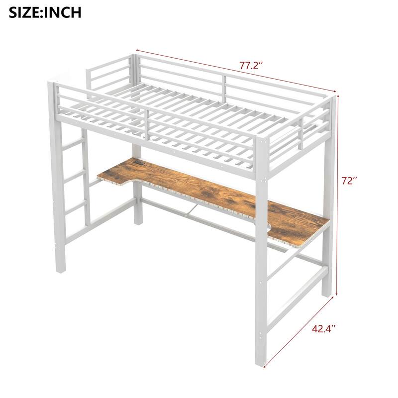 Gaming Loft Bed with RGB LED Light & USB Charge Station, Metal Loft Bed Frame w/Built-in Desk & Full-Length Guardrails
