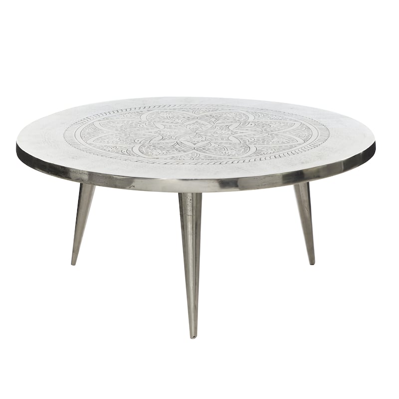 Aluminum Metal Floral Engraved Coffee Table with Tripod Legs - Silver - Roche River Decor - 35"Wx35"Lx16"H