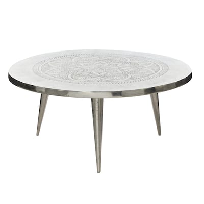Aluminum Metal Floral Engraved Coffee Table with Tripod Legs - Silver - Roche River Decor - 35"Wx35"Lx16"H