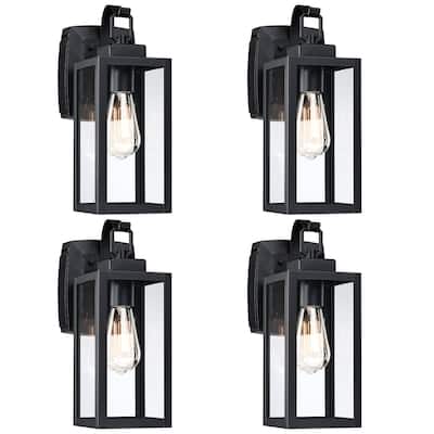 4 Pack 1-Light Outdoor Wall Lantern with Built-In GFCI Outlets - Matte Black