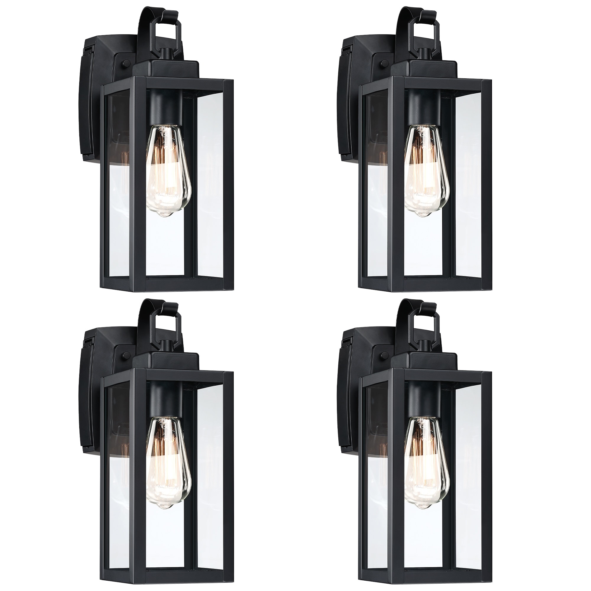 4 Pack 1-Light Outdoor Wall Lantern with Built-In GFCI Outlets - Matte Black