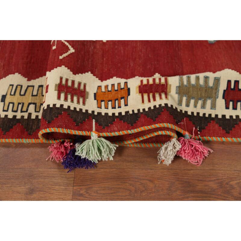 Red Kilim Qashqai Persian Vintage Rug Hand-Knotted Wool Carpet - 4'3"x 7'2"