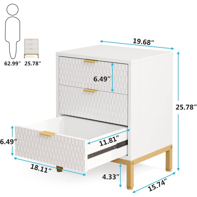 White Particleboard Nightstand with 3 Drawers and Gold Metal Base