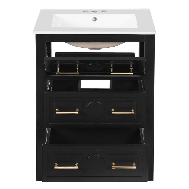 Roomfitters 24 Inch Bathroom Vanity with Ceramic Sink Combo, Free Standing Solid Wood Frame Cabinet with 3 Sliding Tiers