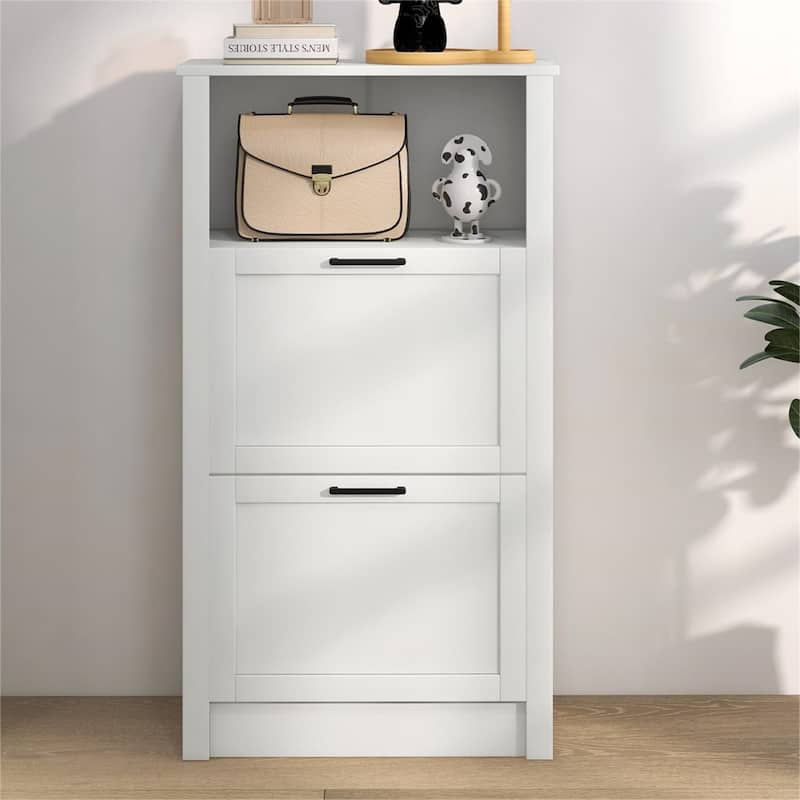 Wood Shoe Storage Cabinet with Compartment and Flip Drawers