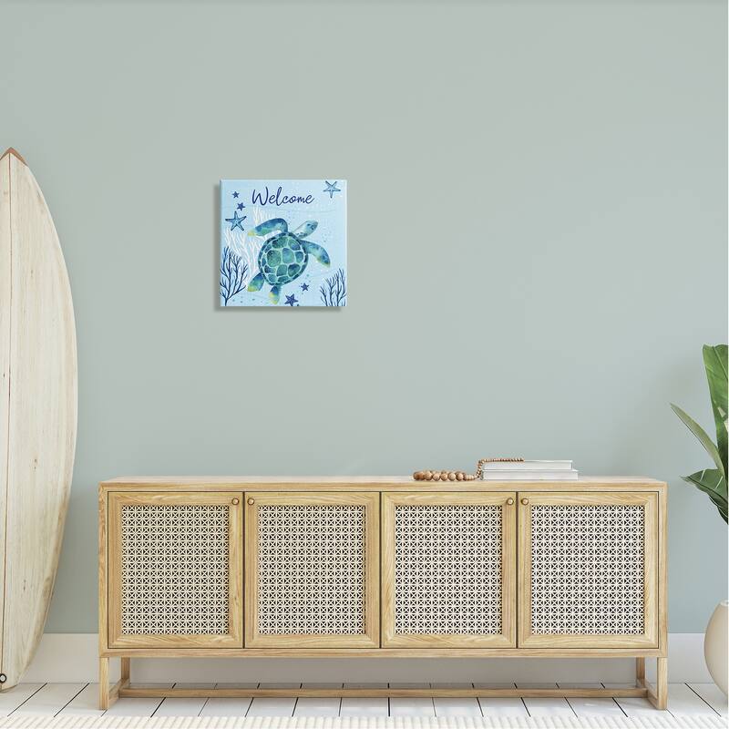 Stupell Welcome Sign Sea Turtle Swimming Ocean Life Canvas Wall Art, Design by Sharon Lee