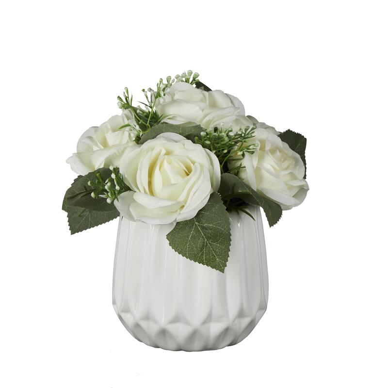 White Fabric Artificial Flower with Green Leaves and Round Ceramic Vase