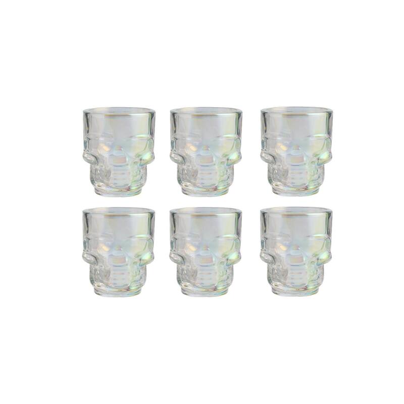 Skull-Shaped Shot Glasses Set of 6, 1.75oz - Glass Novelty Drinkware for Halloween, Parties, and Barware - Luster