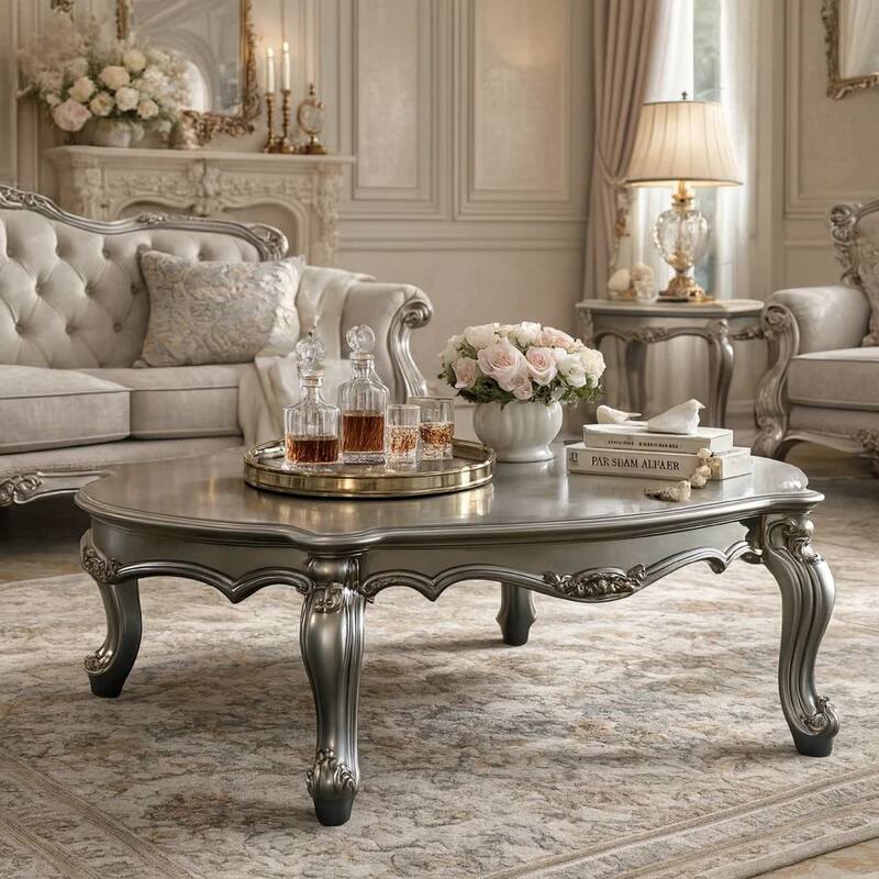 Oval Shaped Wooden Coffee Table with Cabriole Leg Support, Silver