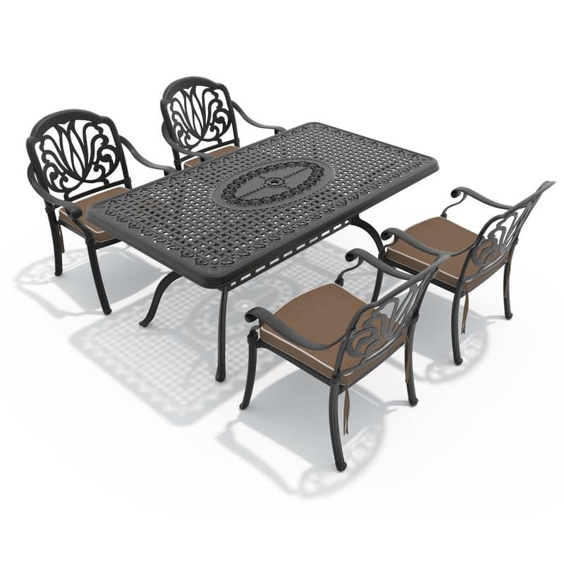 5-Piece Cast Aluminum Outdoor Dining Set with Brown Seat Cushions