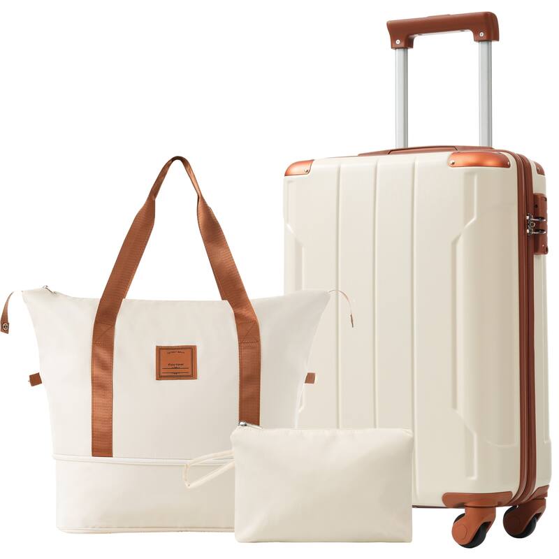 Hardshell Luggage 3-Piece Set with Expandable Storage Combination Lock and Telescopic Handle, for Boarding Travel - White