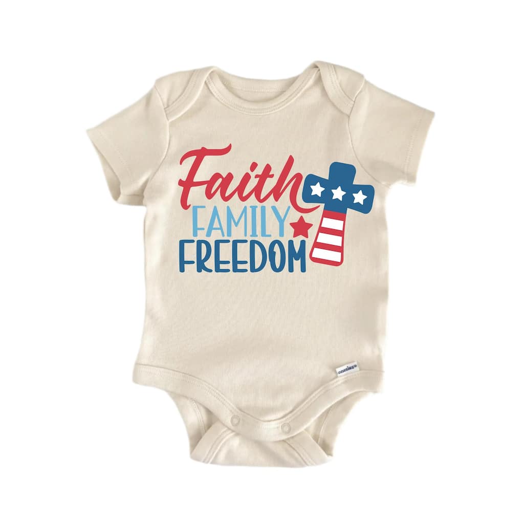 Faith Family Freedom America July 4th - Baby Boy Girl Clothes Infant Bodysuit Funny Cute