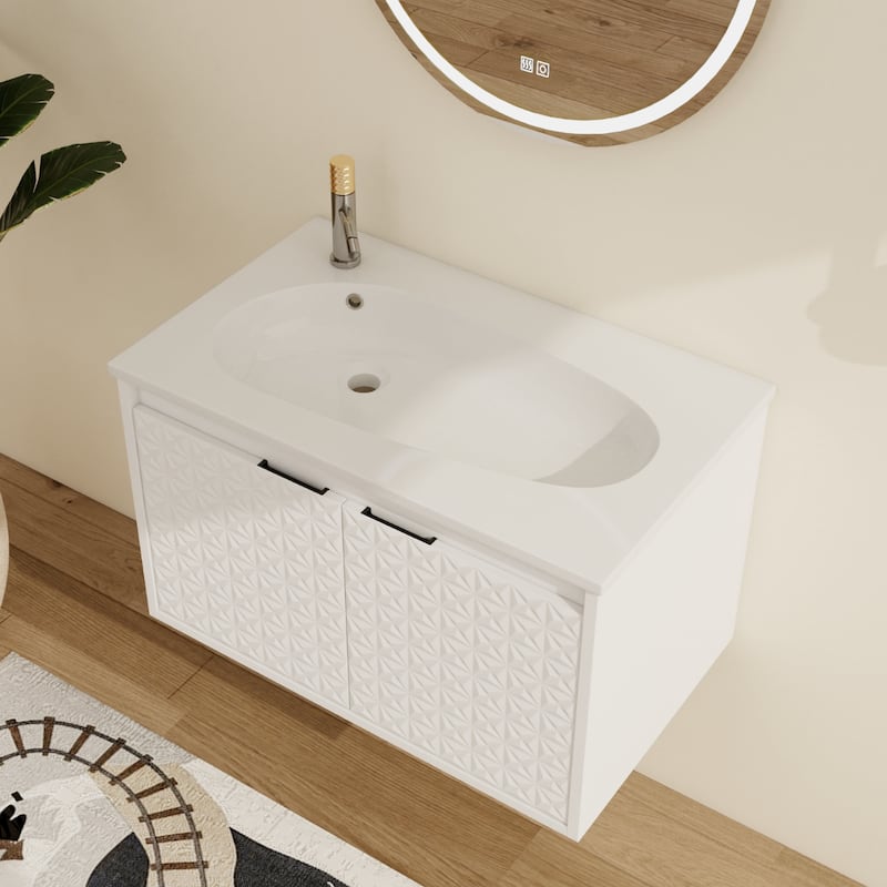 Malwee 24"/30"/36"/48" Floating Bathroom Vanity, Wall Mounted Bathroom Vanity with Resin Top,Soft Close Doors - White Star - 29.9"×18.2"×18.5"