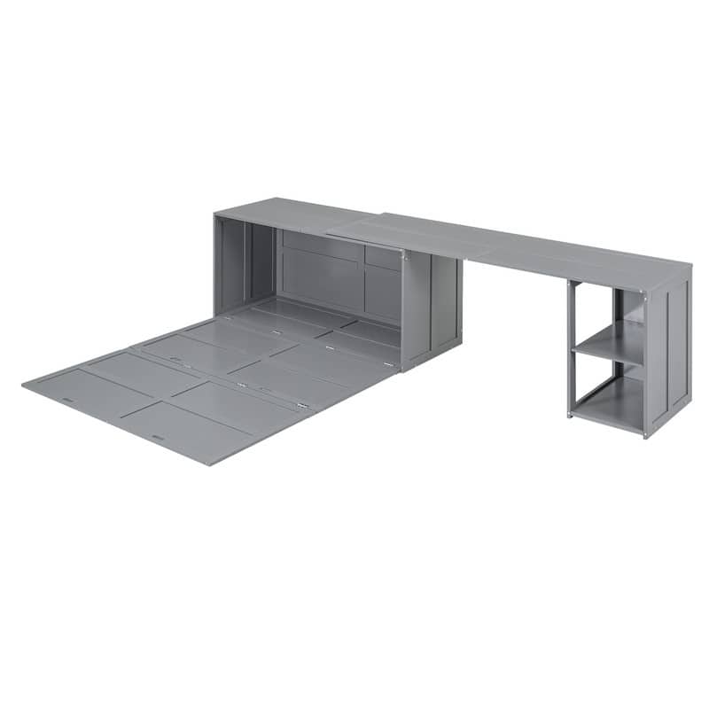 Queen Size Mobile Murphy Cube Cabinet Bed with Rotable Desk, Solid Wood Murphy Bed Chest Platform Murphy Bed for Guest Room