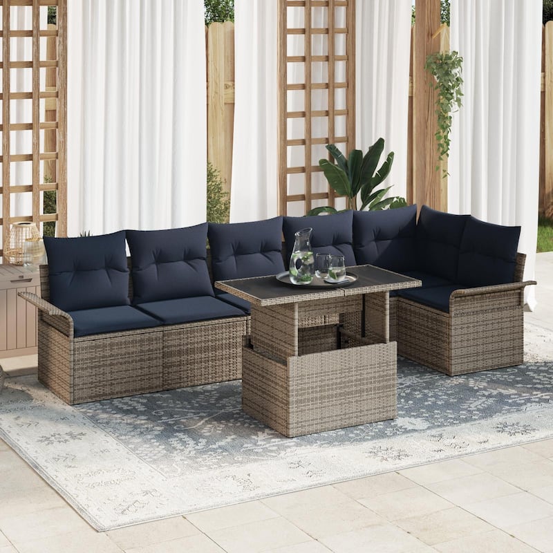vidaXL 7 Garden Sofa Set with Cushions Black/Brown/Grey Poly Rattan - 92.1 x 52.2 x 27.2 - Grey