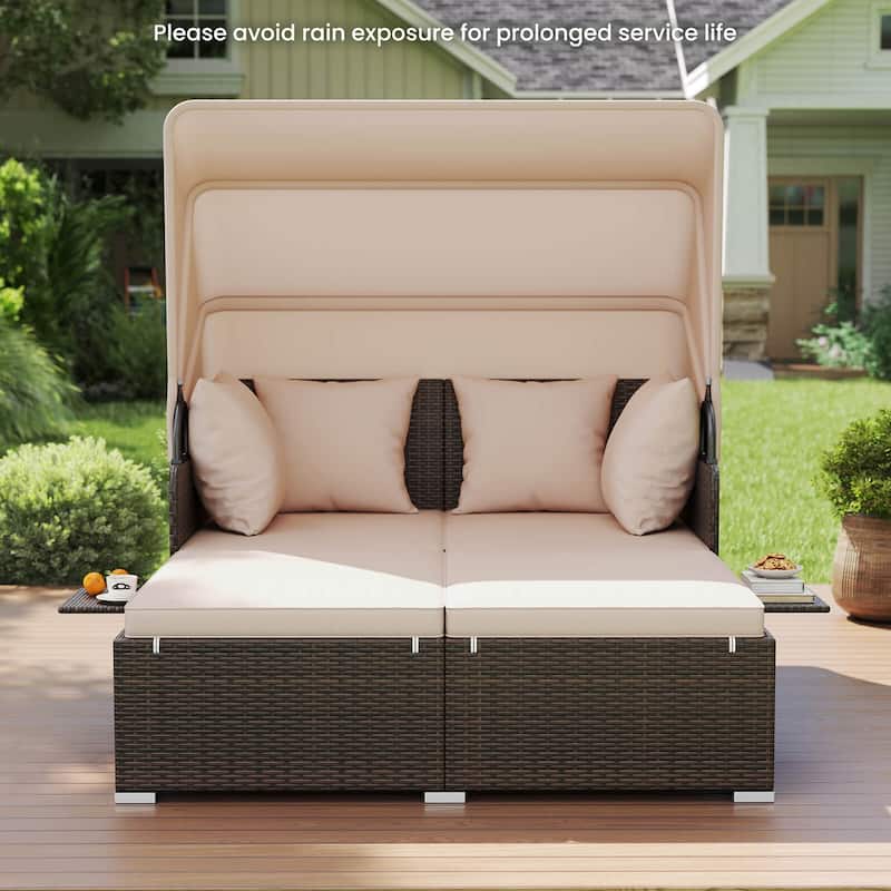 Costway Patio Rattan Daybed Lounge Retractable Top Canopy Side Tables - See Details