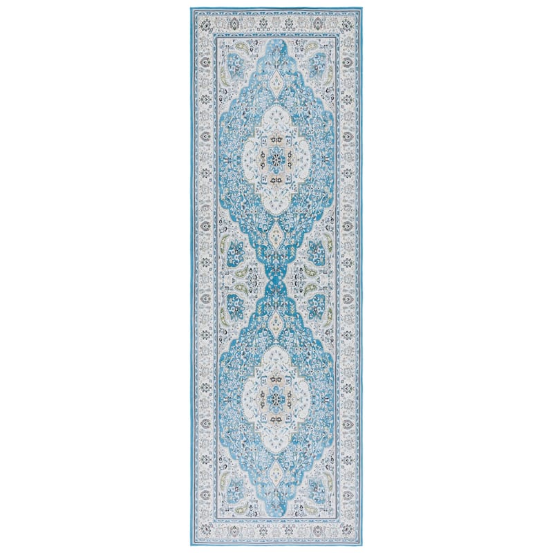 SAFAVIEH Tucson Machine Washable Slip Resistant Willa Traditional Rug - 2'6" x 8' Runner - Turquoise/Beige