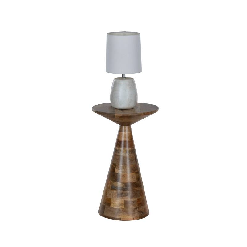 Modern Cone-Shaped Mango Wood Accent Table with Patchwork Tile Pattern in Natural Stained Finish