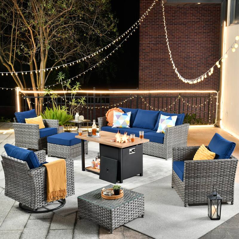 HOOOWOOO 10-piece Outdoor Grey Wicker Patio Furniture Set with Fire Pit Table - Navy Blue