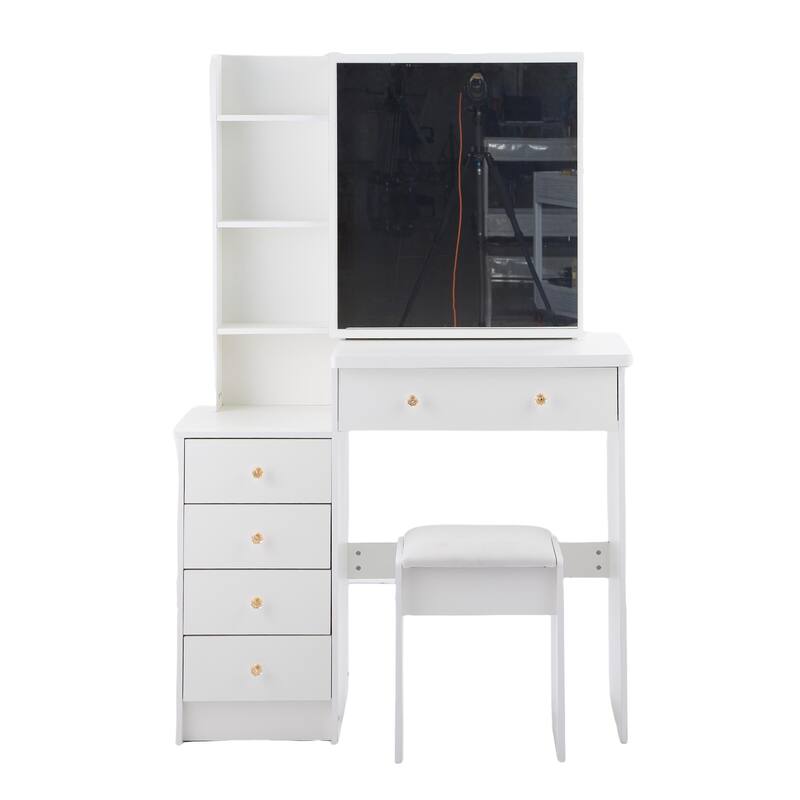 37" Full-Size Vanity Set with Sliding Mirror & Cushioned Stool - White