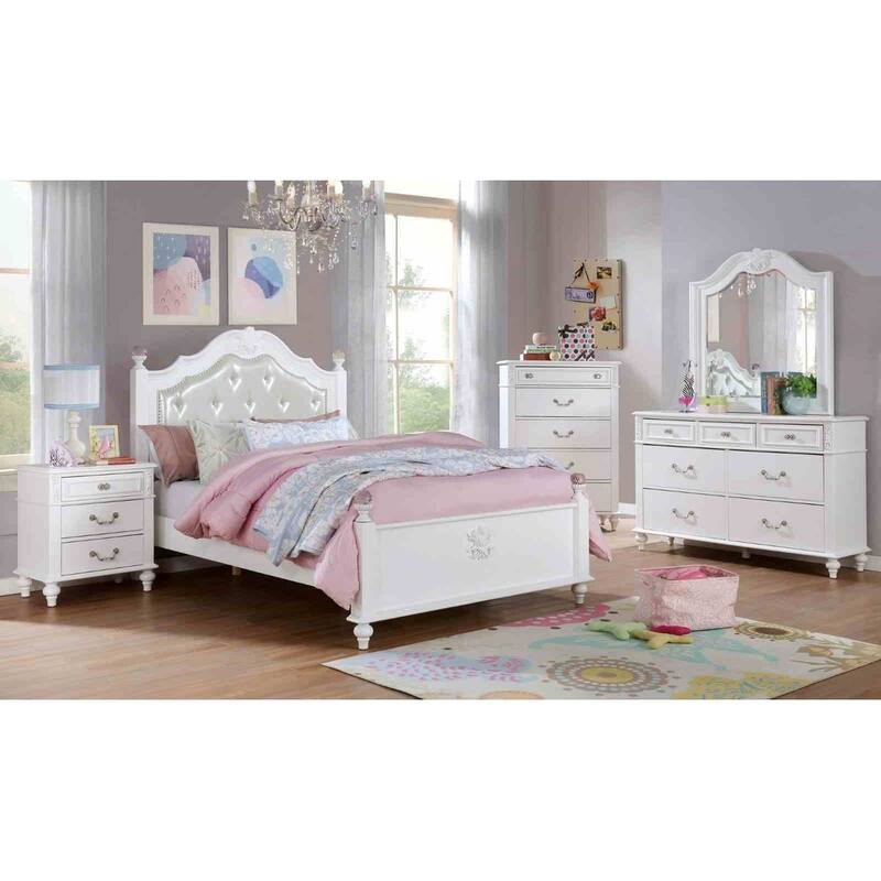 White Finish Traditional Bedroom Furniture Set with USB Bed Nightstand Dresser Mirror Chest