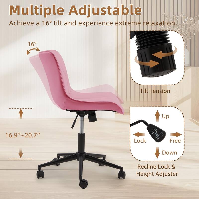 EROMMY Armless Office Chair with Wheels, Adjustable Swivel Modern Faux Leather Vanity Chair with Backrest, Ergonomic Rocking