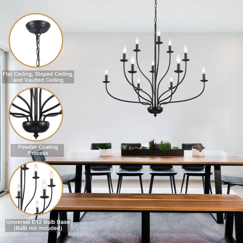 12-Light Candlestick Hanging Linear Chandelier Lighting 3-Tier Ceiling Light Fixture for Kitchen Island