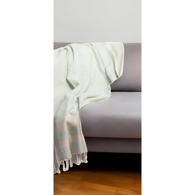 HomeRoots 50" X 60" Turquoise Woven Cotton Striped Throw Blanket with Fringe - Throw