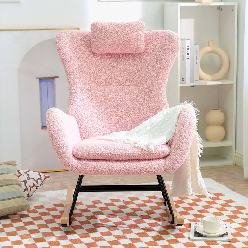 Teddy Rocker Glider Chair with High Backrest and Adjustable Headrest - Pink