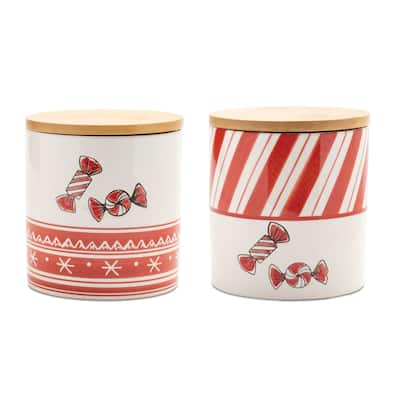 Ceramic Peppermint Candy Christmas Canister - 4.75" - Set of 4