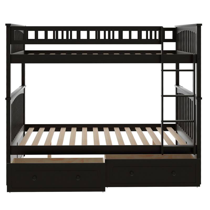Wooden Storage Bunk Bed Frame with Fence-shaped Guardrails and Pull-out Drawers, Convertible 2 Platform Beds, Detachable Design