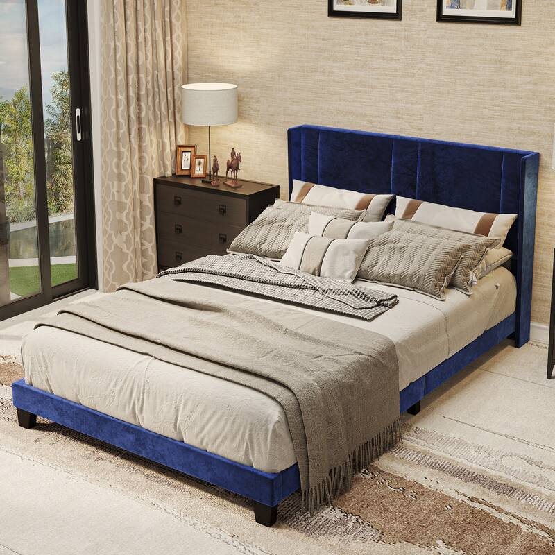 Velvet Upholstered Platform Bed Frame - Blue-A - Queen