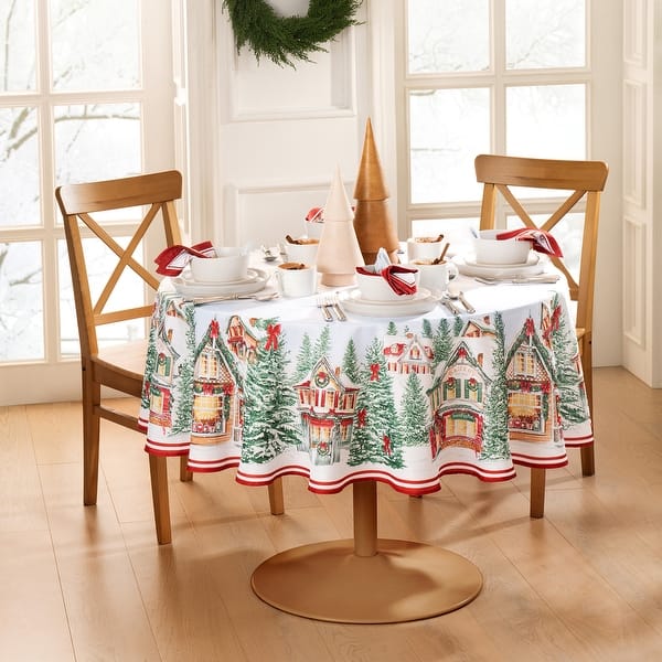 slide 2 of 4, Storybook Christmas Village Holiday Tablecloth 70" Round