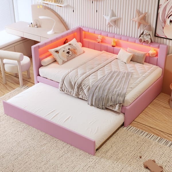slide 2 of 75, Platform Bed Linen Upholstered Daybed with L-shaped Headboard USB Ports and Light for Night's Sleep, Choose 2 Drawer or Trundle Pink - Full