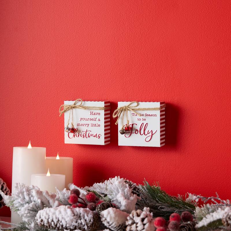 Set of 2 Red and White Metal Merry Christmas and Jolly Sign with Festive Sleigh Bell Accents - 4”L x 1.5”W x 4”H