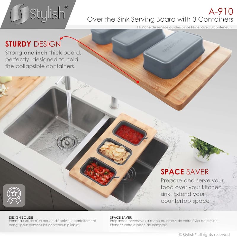 STYLISH 17 inch Workstation Sink Divided Serving Board with 3 Collapsible Containers - 18" x 8.5"