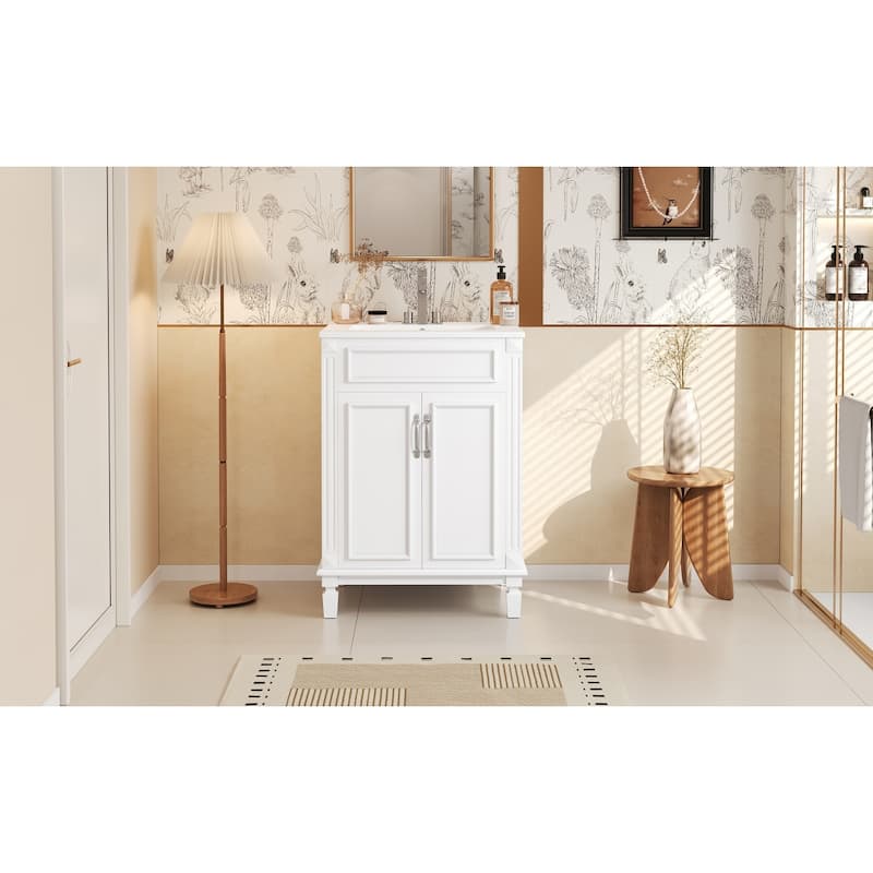 Bathroom Vanity with Sink, Solid Wood Bathroom Storage Cabinet, Bathroom Cabinet with 2 Soft-Closing Doors & Adjustable Shelf