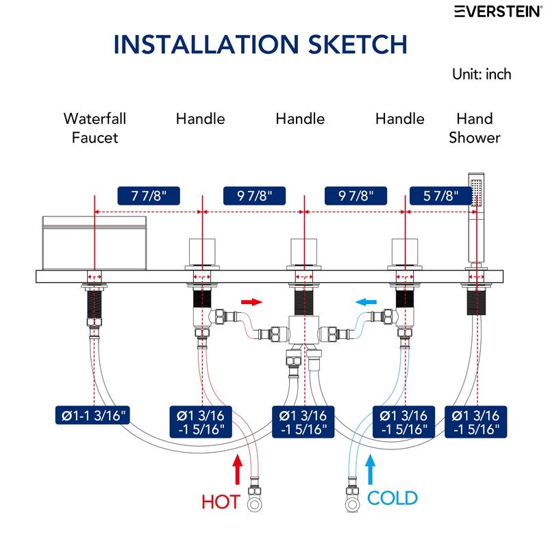 5-Hole 3-Handle Deck-Mount Waterfall Tub Faucet with Hand Shower,Waterfall Spout Bathtub Faucet