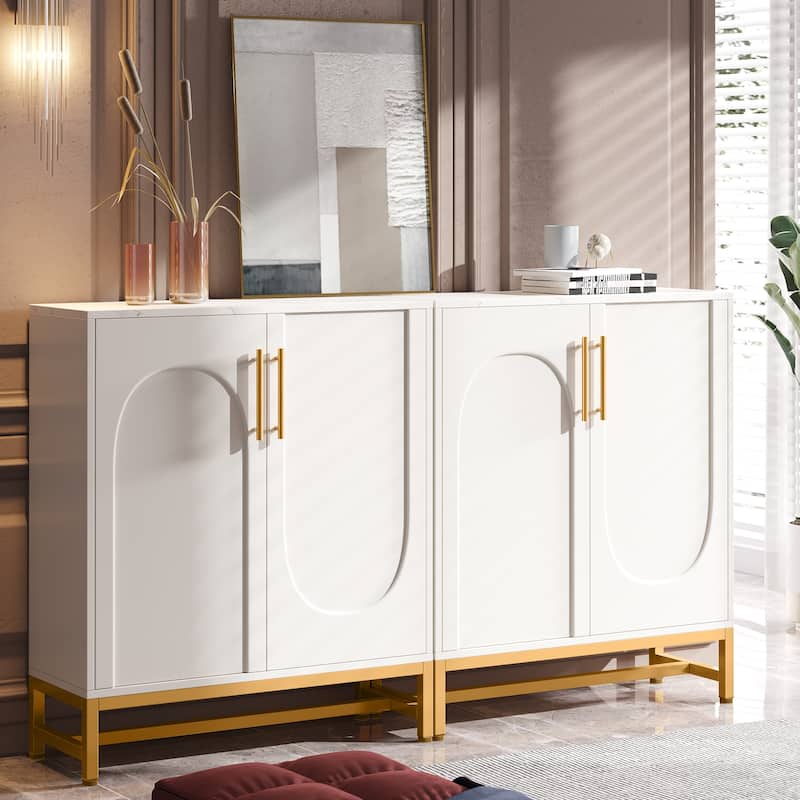 Sideboard Buffet Cabinet with Storage, Modern 4 Doors Buffets with Adjustable Shelf for Living Room Kitchen Dining Room Hallway - White/Gold