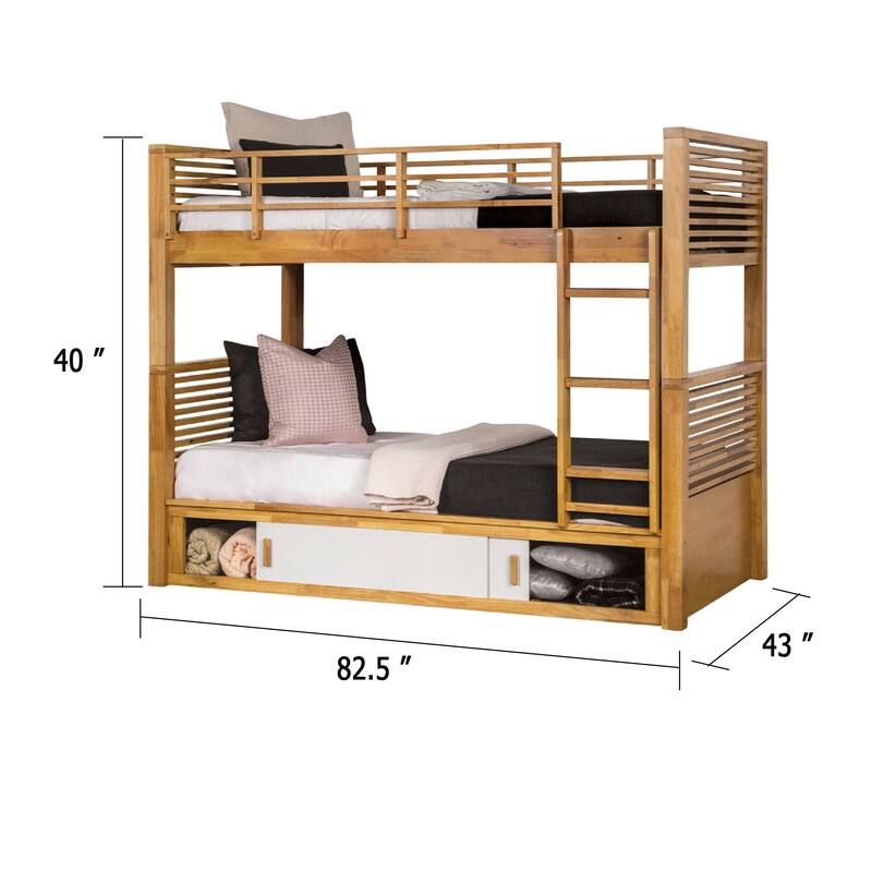 Dilu Twin over Twin Bunk Bed, Light Oak Brown Hardwood, Reversible Ladder